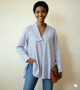 The Pinstripe Asymmetric V-Neck Tunic Blouse