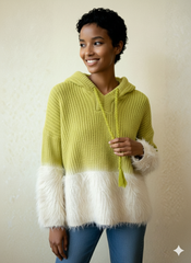 Lime Green Ombre Faux Fur Trim Knit Hoodie
