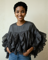 Sculptural Satin Cascade Ruffle Blouse