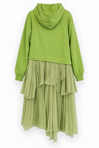 Green Hooded Dress with Asymmetric Layered Pleated Skirt, back