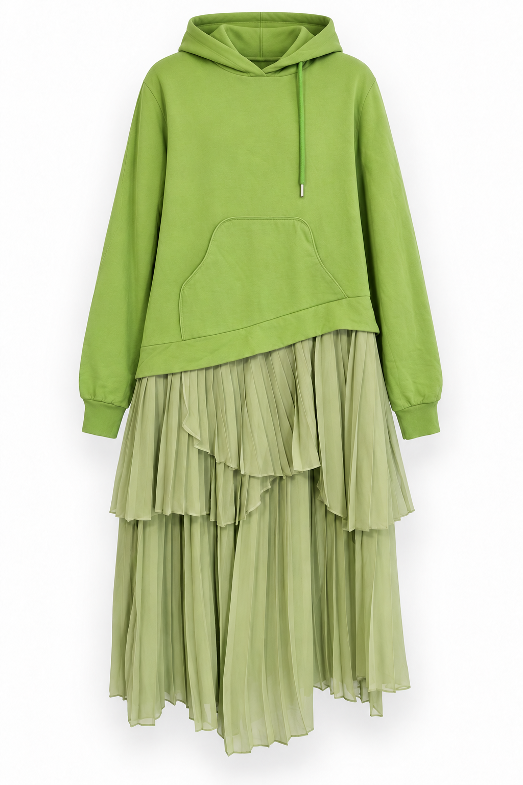 Green Hooded Dress with Asymmetric Layered Pleated Skirt, front