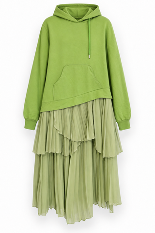 Green Hooded Dress with Asymmetric Layered Pleated Skirt, front