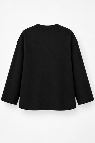 Black Collarless Button-Front Jacket with Patch Pockets, back