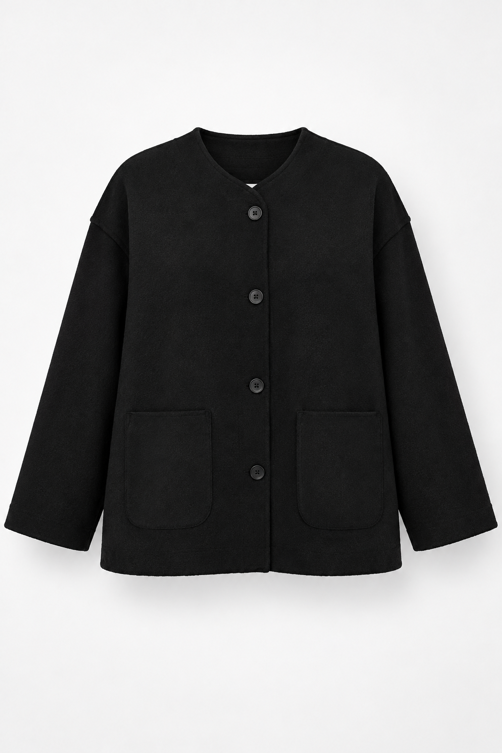 Black Collarless Button-Front Jacket with Patch Pockets, front