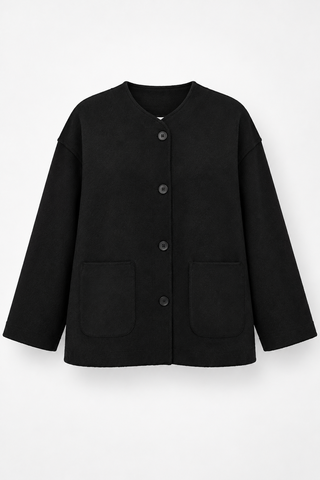 Black Collarless Button-Front Jacket with Patch Pockets, front