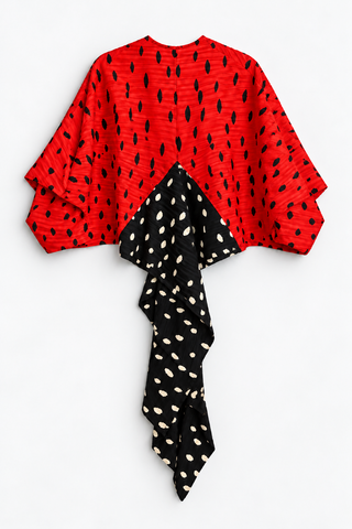 Red and Black Pleated Dotted Top with Contrasting Long Panel, back