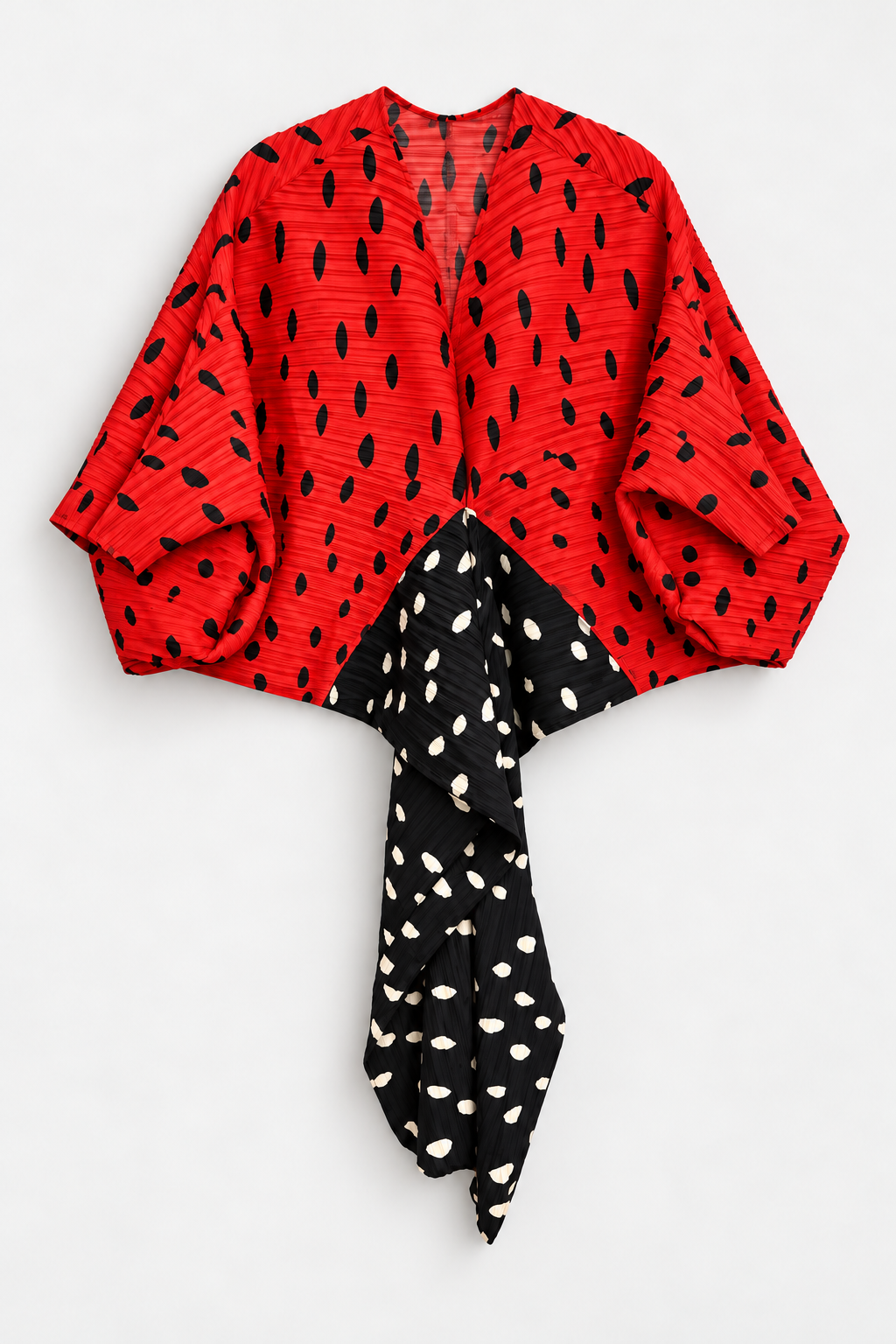 Red and Black Pleated Dotted Top with Contrasting Long Panel, front