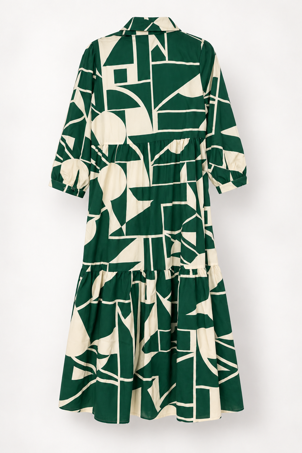 Green and Cream Geometric Tiered Shirt Dress, back