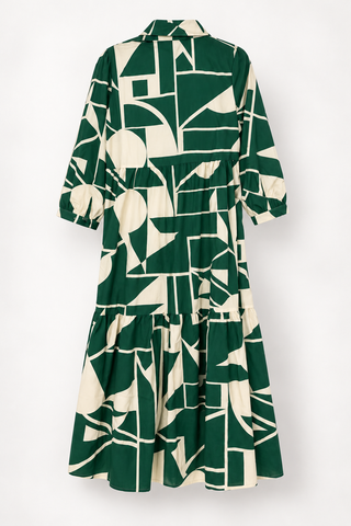 Green and Cream Geometric Tiered Shirt Dress, back