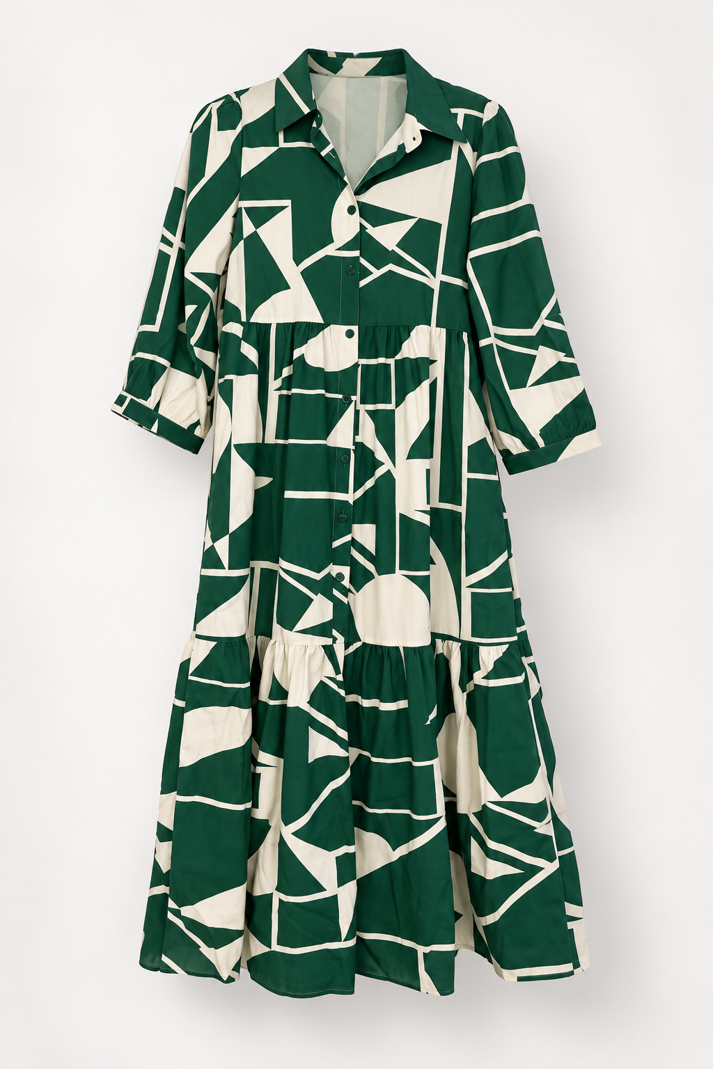 Green and Cream Geometric Tiered Shirt Dress, front