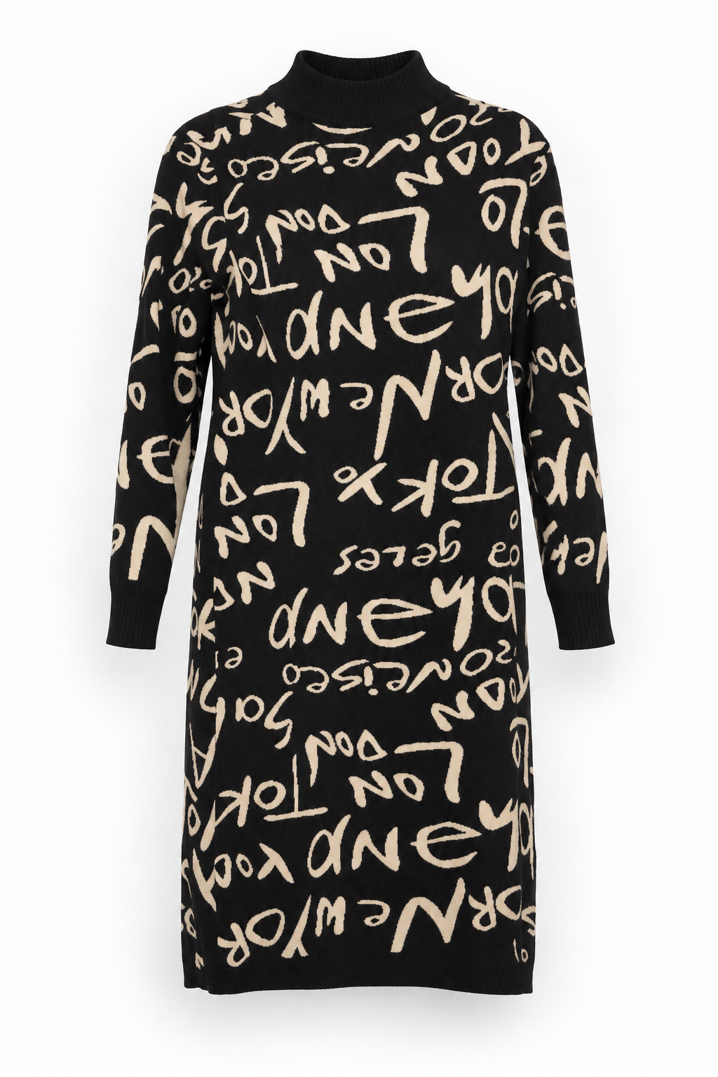 Black and Cream Lettering Dress with High Neck and Long Sleeves, front