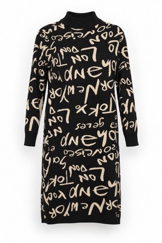 Black and Cream Lettering Dress with High Neck and Long Sleeves, front