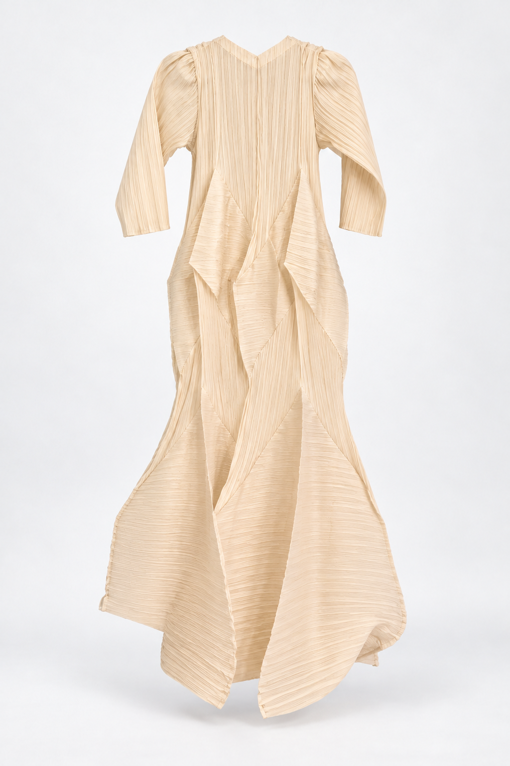 Cream Sculptural Pleated Dress with Curved Panels, back