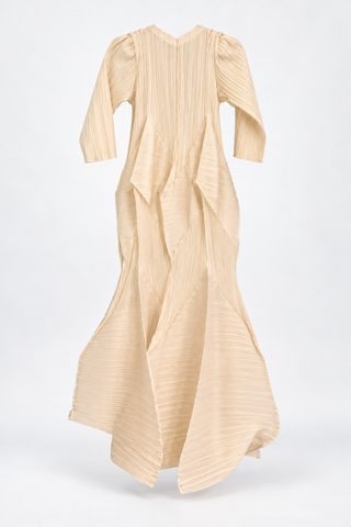 Cream Sculptural Pleated Dress with Curved Panels, back