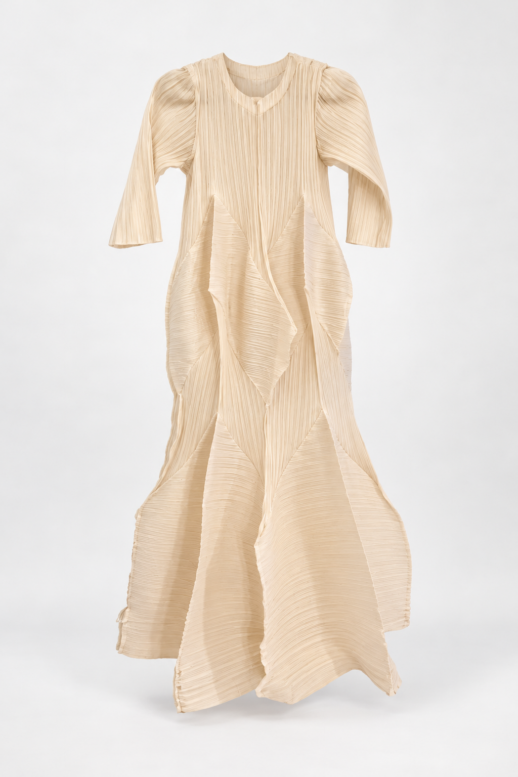 Cream Sculptural Pleated Dress with Curved Panels, front