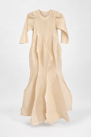 Cream Sculptural Pleated Dress with Curved Panels, front