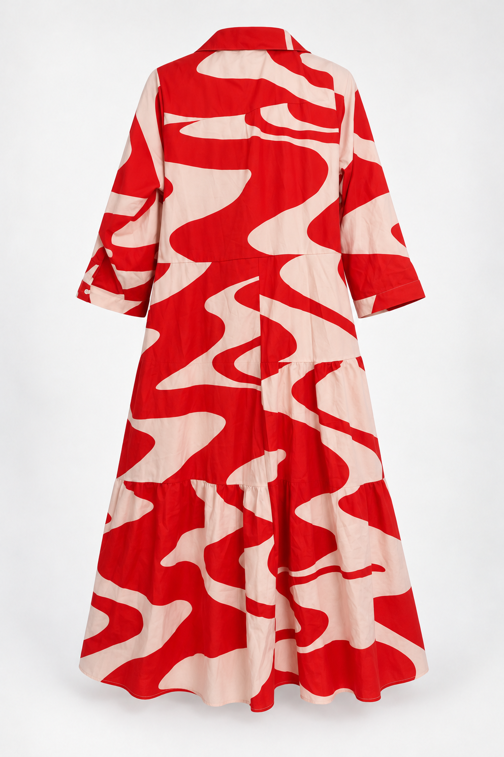 Red and Cream Abstract-Print Tiered Shirt Dress, back