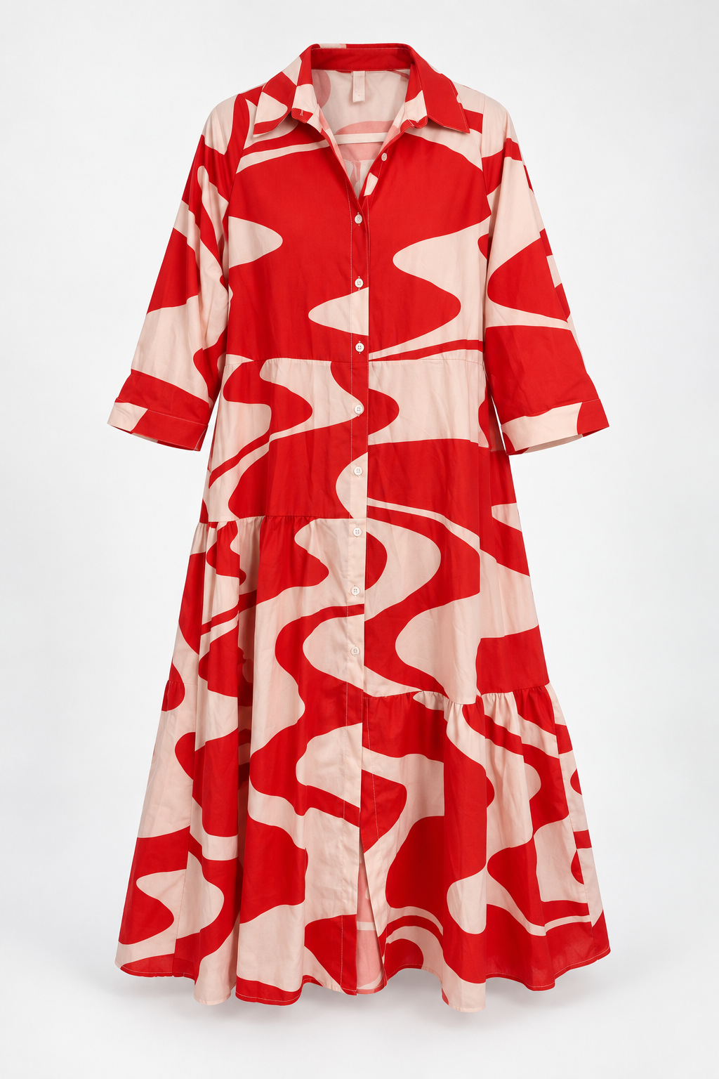 Red and Cream Abstract-Print Tiered Shirt Dress, front
