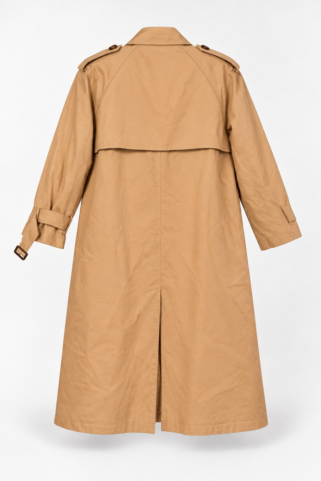 Tan Double-Breasted Trench Coat with Storm Flap, back
