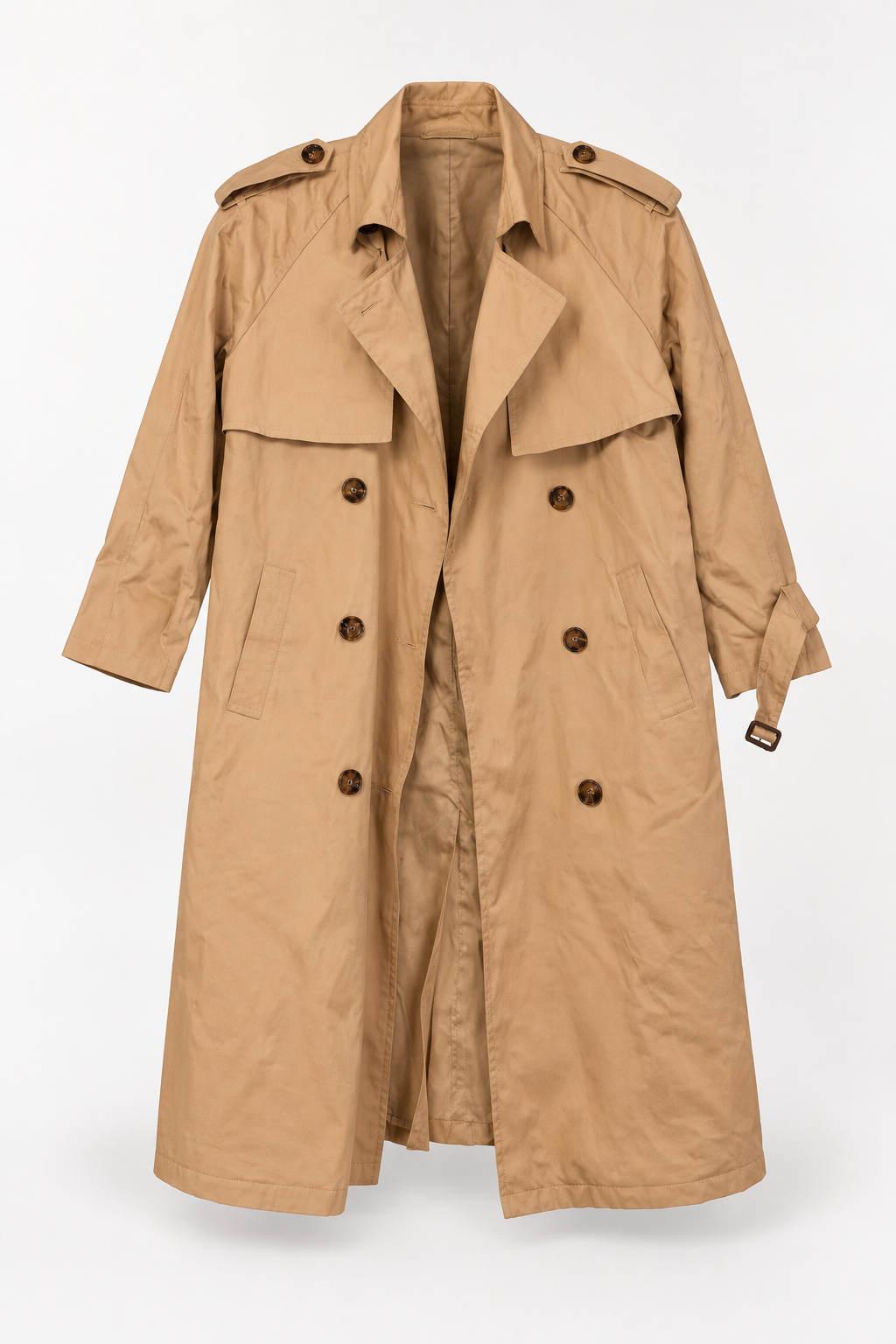 Tan Double-Breasted Trench Coat with Storm Flap, front