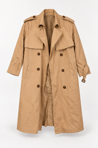 Tan Double-Breasted Trench Coat with Storm Flap, front