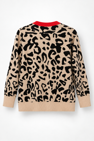 Beige and Black Animal-Print Cardigan with Red Trim, back