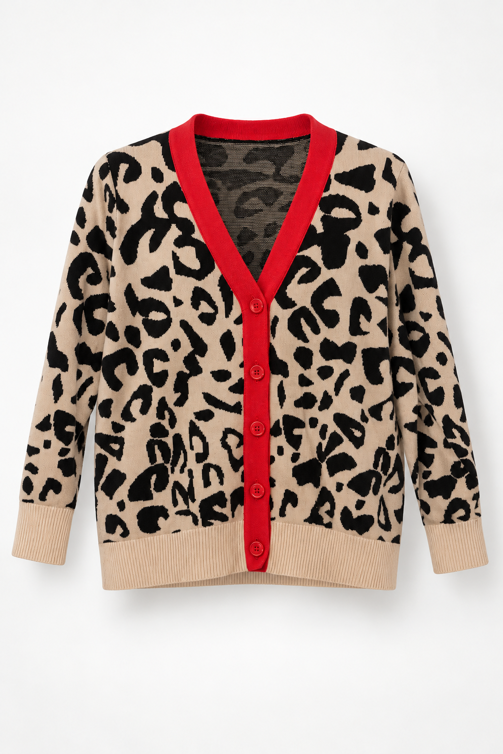Beige and Black Animal-Print Cardigan with Red Trim, front