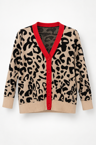 Beige and Black Animal-Print Cardigan with Red Trim, front