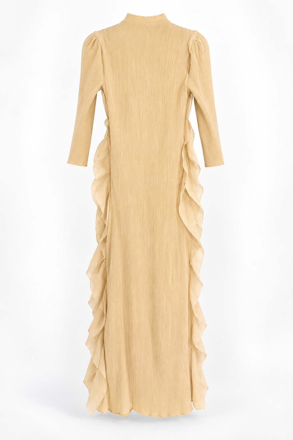 Cream Pleated Long Dress with Cascading Ruffle Panels, back