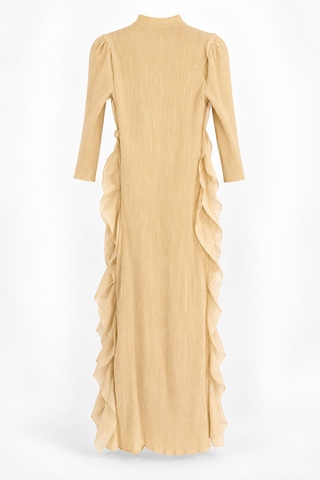 Cream Pleated Long Dress with Cascading Ruffle Panels, back