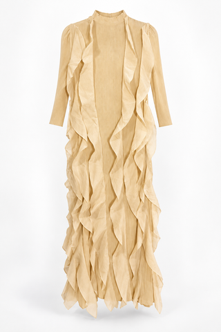 Cream Pleated Long Dress with Cascading Ruffle Panels, front