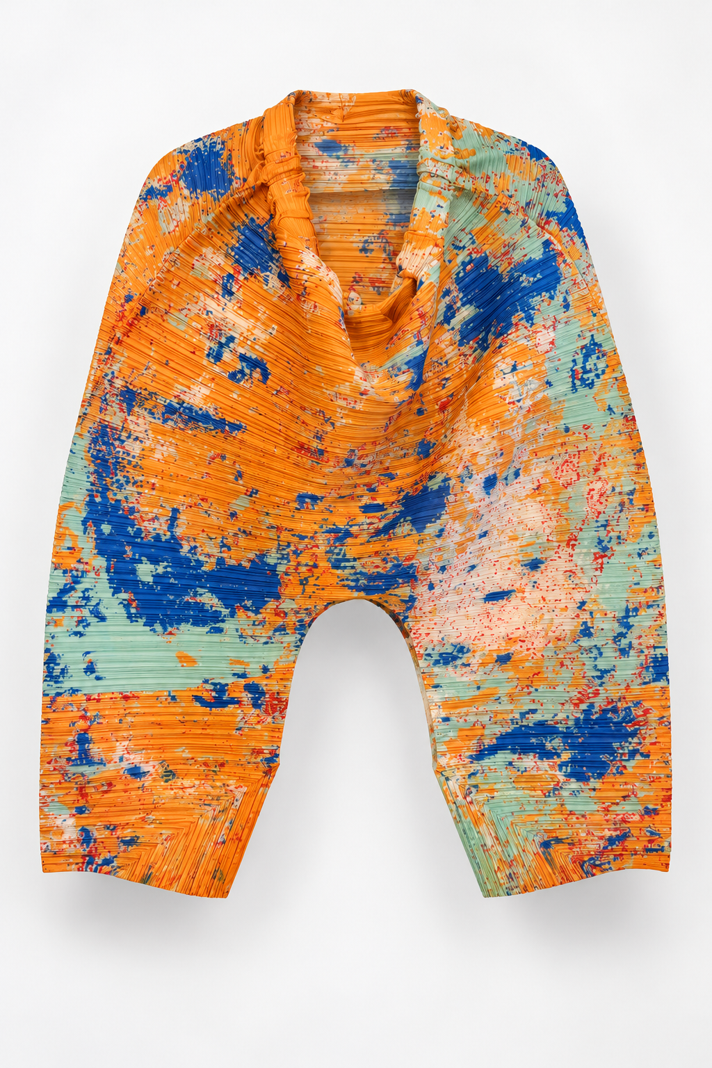 Orange Multicolour Pleated Top with Draped Cowl Neck, front