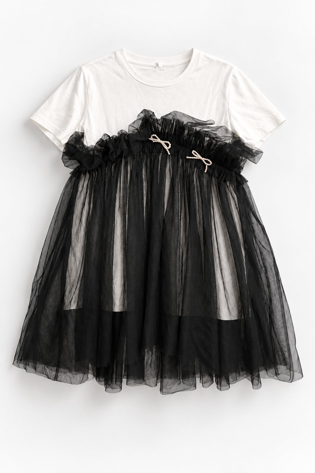 White and Black Sheer Overlay Dress with Bow Details, front