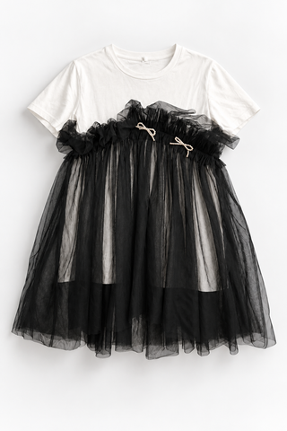 White and Black Sheer Overlay Dress with Bow Details, front