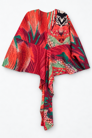 Red Multicolour Pleated Draped Top with Asymmetric Long Panel, back