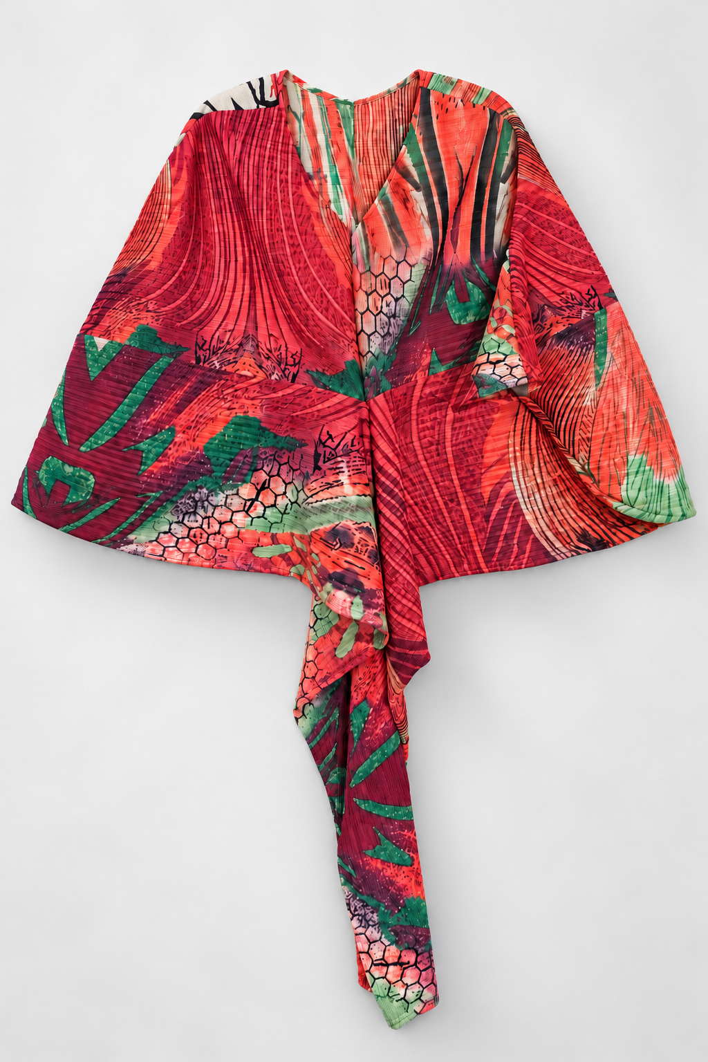 Red Multicolour Pleated Draped Top with Asymmetric Long Panel, front