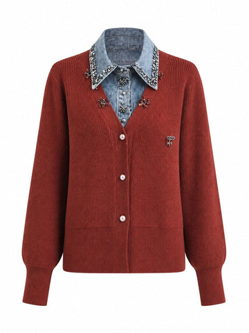 Radiant Rhinestone Denim Patchwork Cardigan