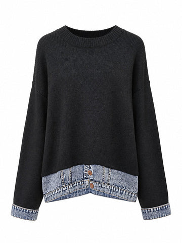 Unique Knit Denim Patchwork Pullover