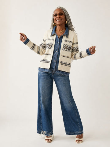 Distinctive Knitted Denim Patchwork Cardigan