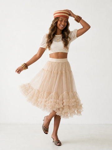 Ethereal Tiered Mesh Midi Skirt