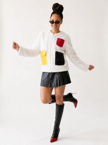 Vibrant Patchwork Faux Fur Jacket