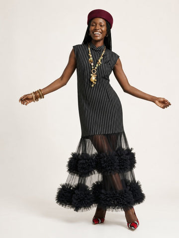Elegant Striped Mesh Maxi Dress