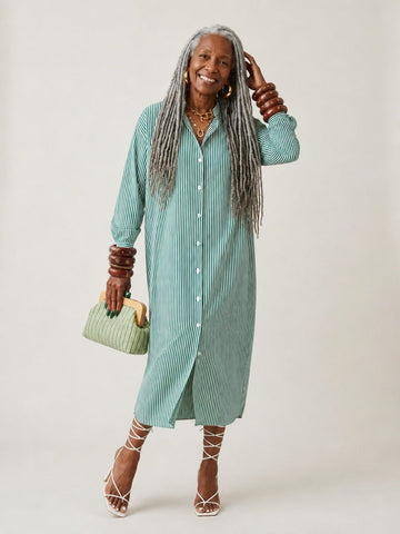 Grounded Striped Midi Shirt Dress