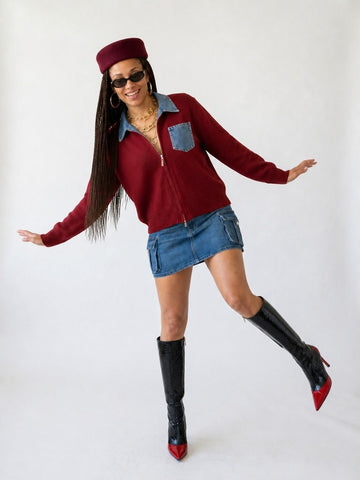 Audacious Denim Color-Block Cardigan