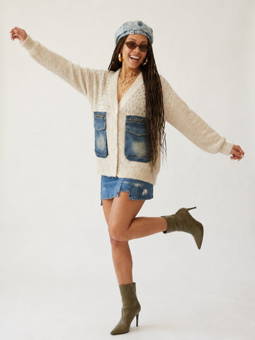 Unique Knit Denim Patchwork Cardigan