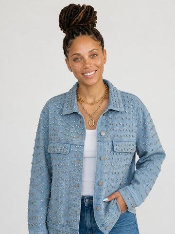 Magnetic Rhinestone Loose Denim Jacket