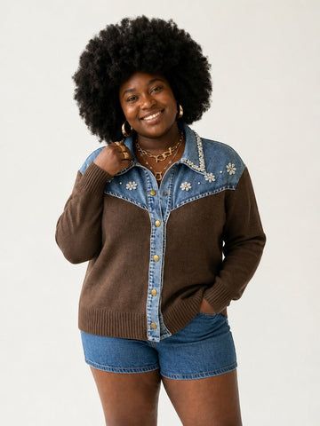 Audacious Crystal Denim Knit Cardigan