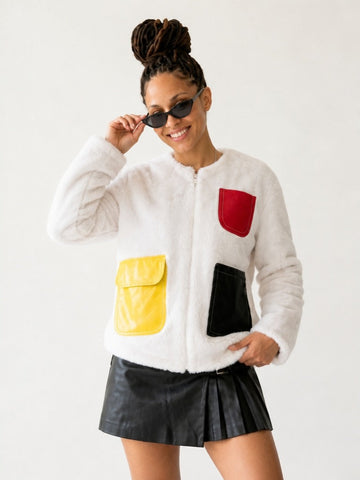 Vibrant Patchwork Faux Fur Jacket