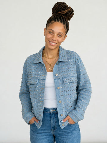 Magnetic Rhinestone Loose Denim Jacket
