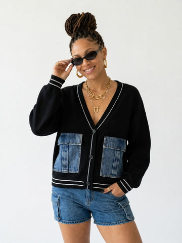 Distinctive Denim Patchwork Knit Cardigan